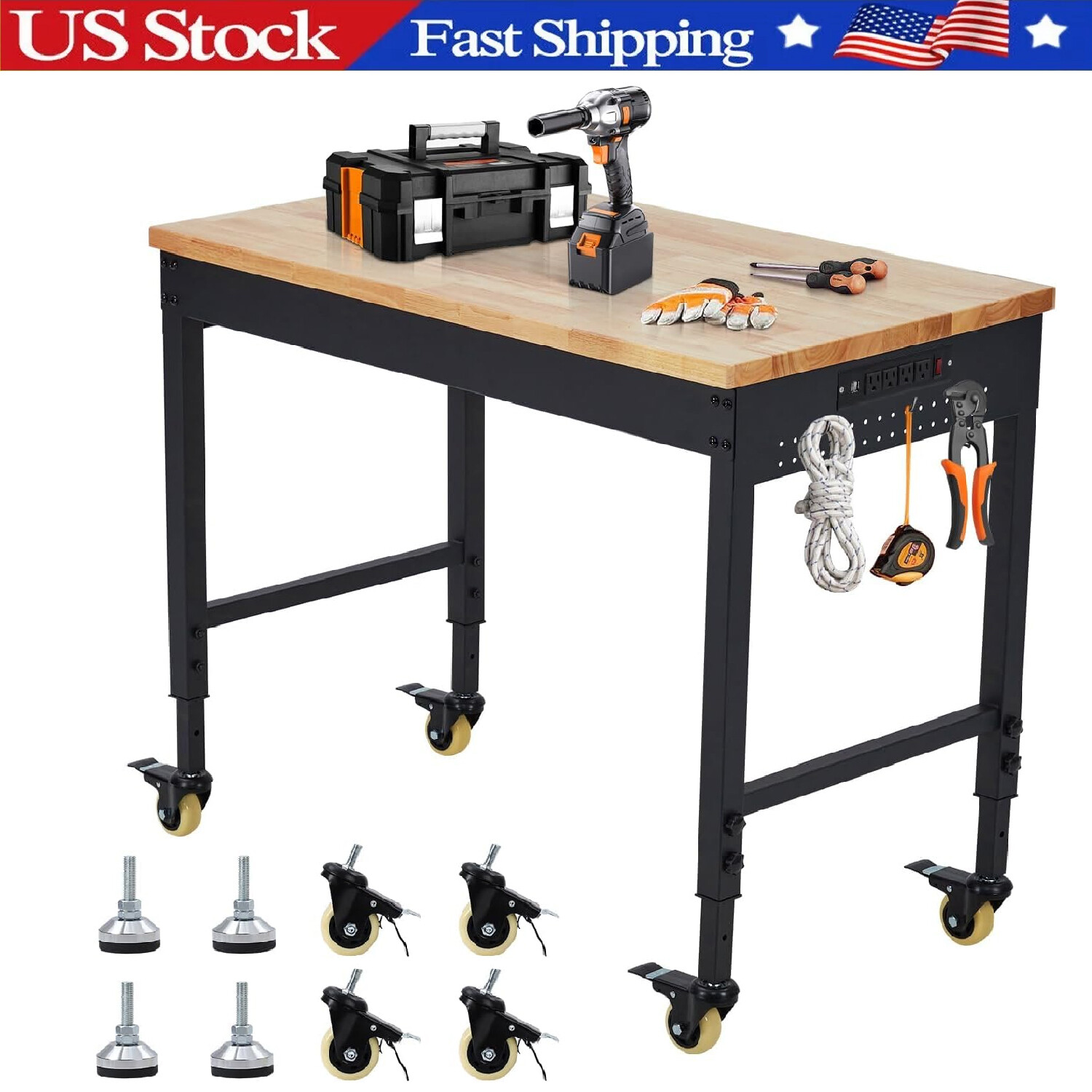 48"x24" Adjustable Workbench ,Heavy Duty Work Table with Power Outlet and Wheels