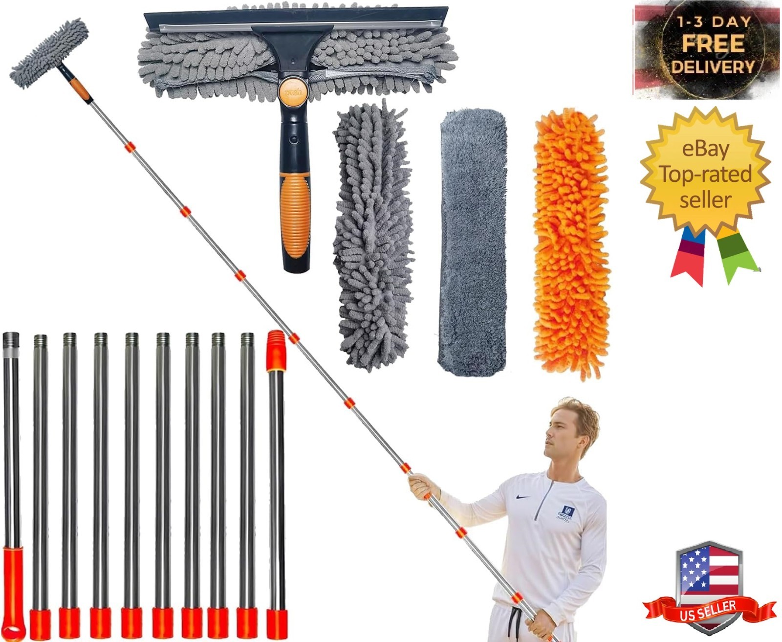 20 ft+ Reach Squeegee Window Cleaner Duster 2 in 1 Rotatable Cleaning Tool Kit