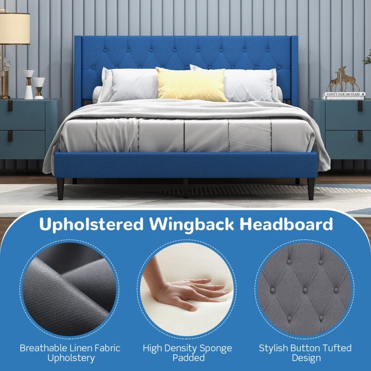 Queen Size Platform Bed Frame Upholstered With Button Tufted Wingback Headboard