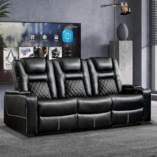 Canmov PU Leather 3 seat Power Recliner Sofa w/ Cup Holders & Hidden Arm Storage