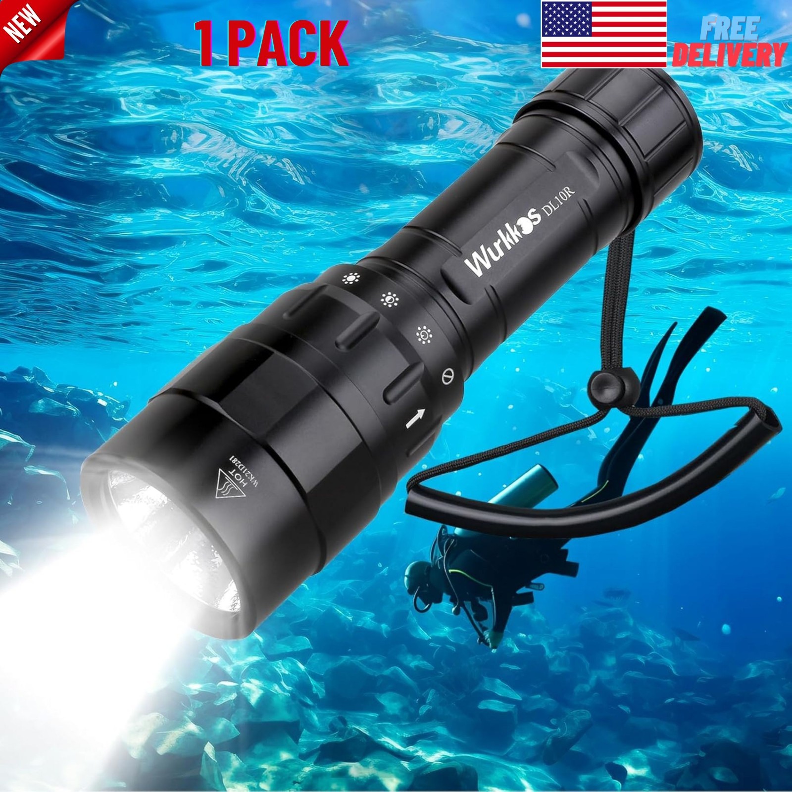 100m Underwater Scuba Dive Flashlight, 4500 Lumens Light, Super Bright, IPX-8