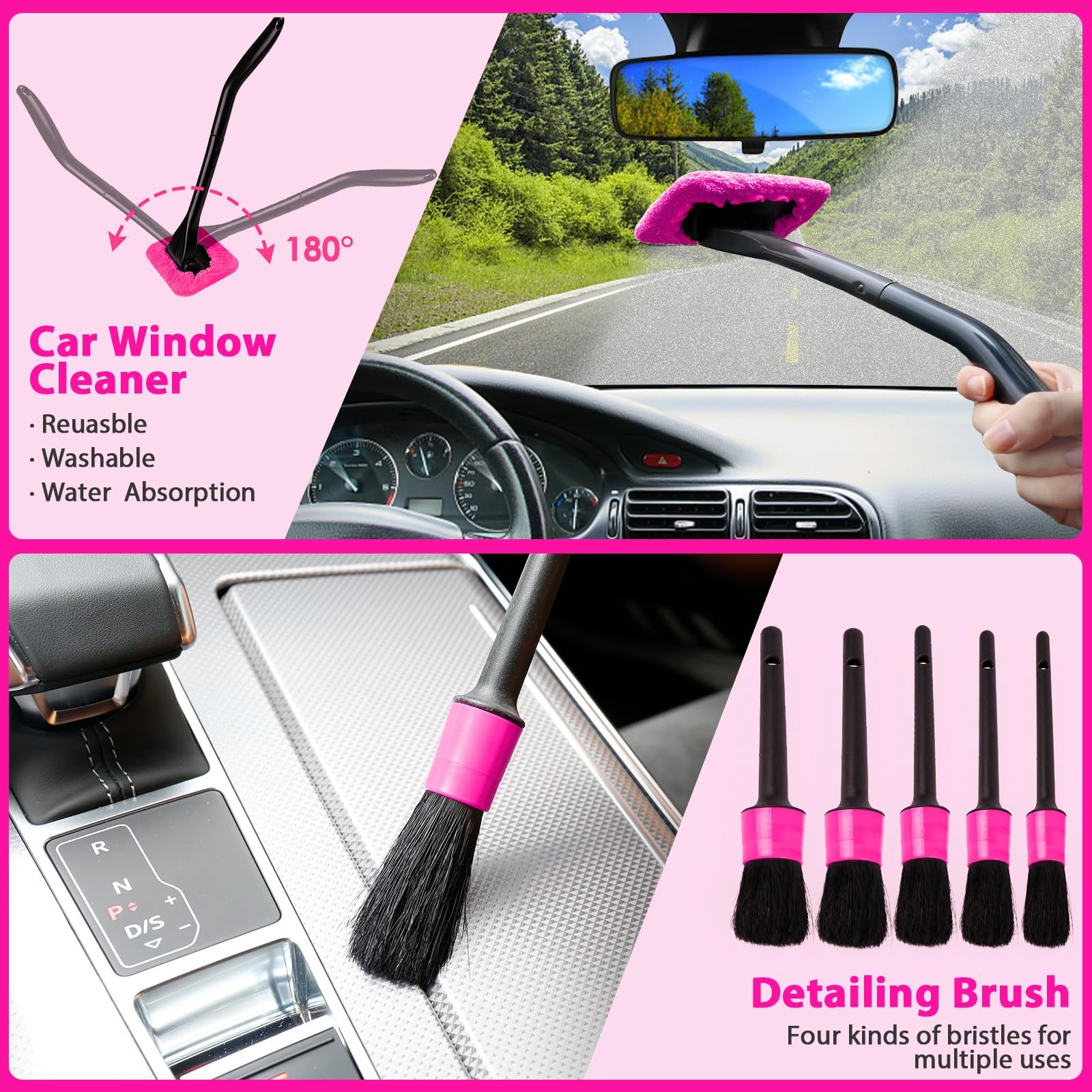 THINKWORK Car Detailing Kit Interior Cleaner, Cleaning 17PCS, Pink(17PCS)