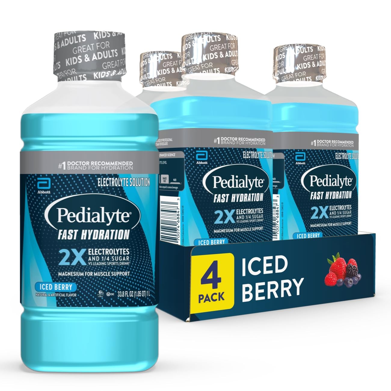 Pedialyte Fast Hydration Electrolyte Solution, Iced 33.8 Fl Oz (Pack of 4)