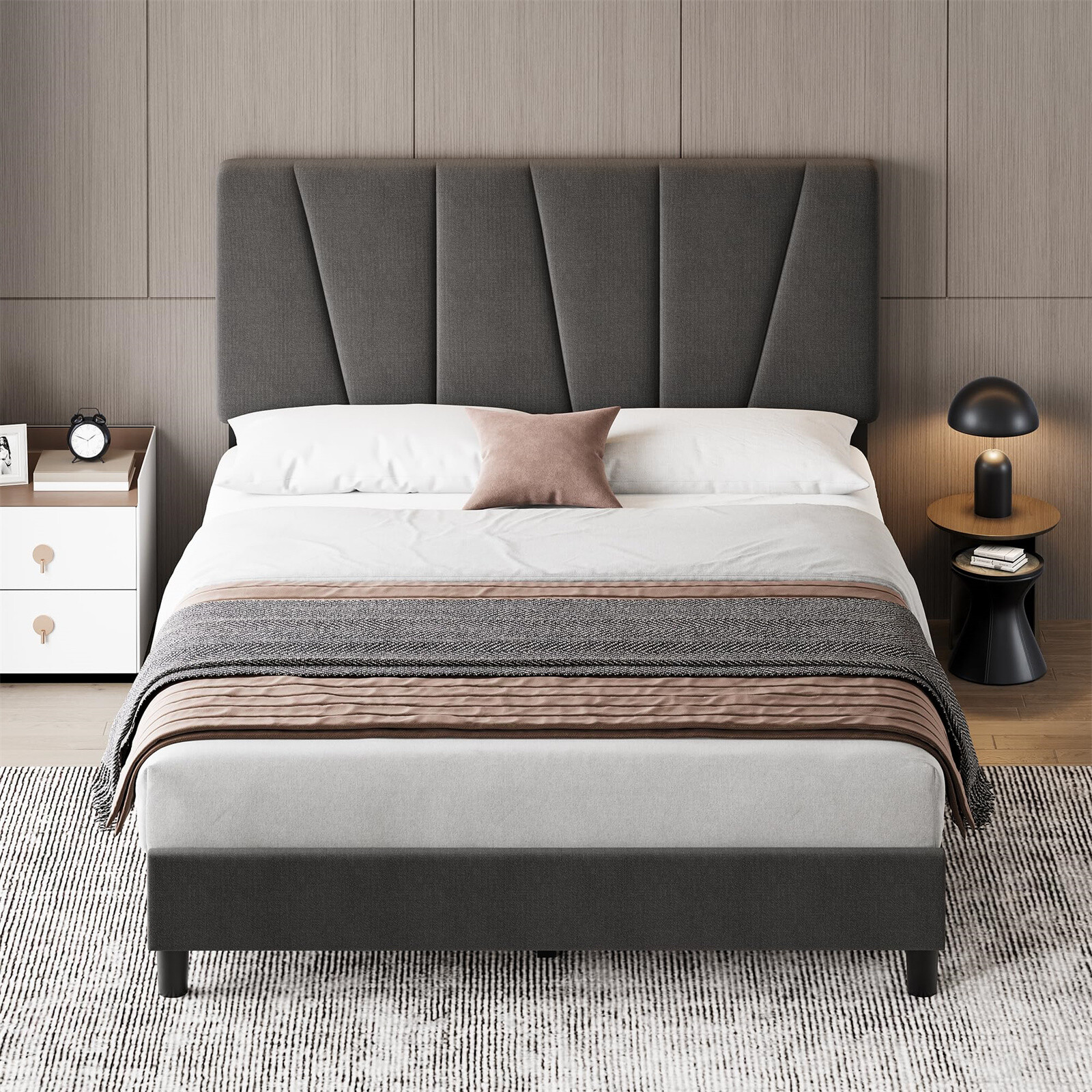⏯3️⃣Full Bed Frame Linen Upholstered Platform Bed w/Adjustable Diagonal Wooden S