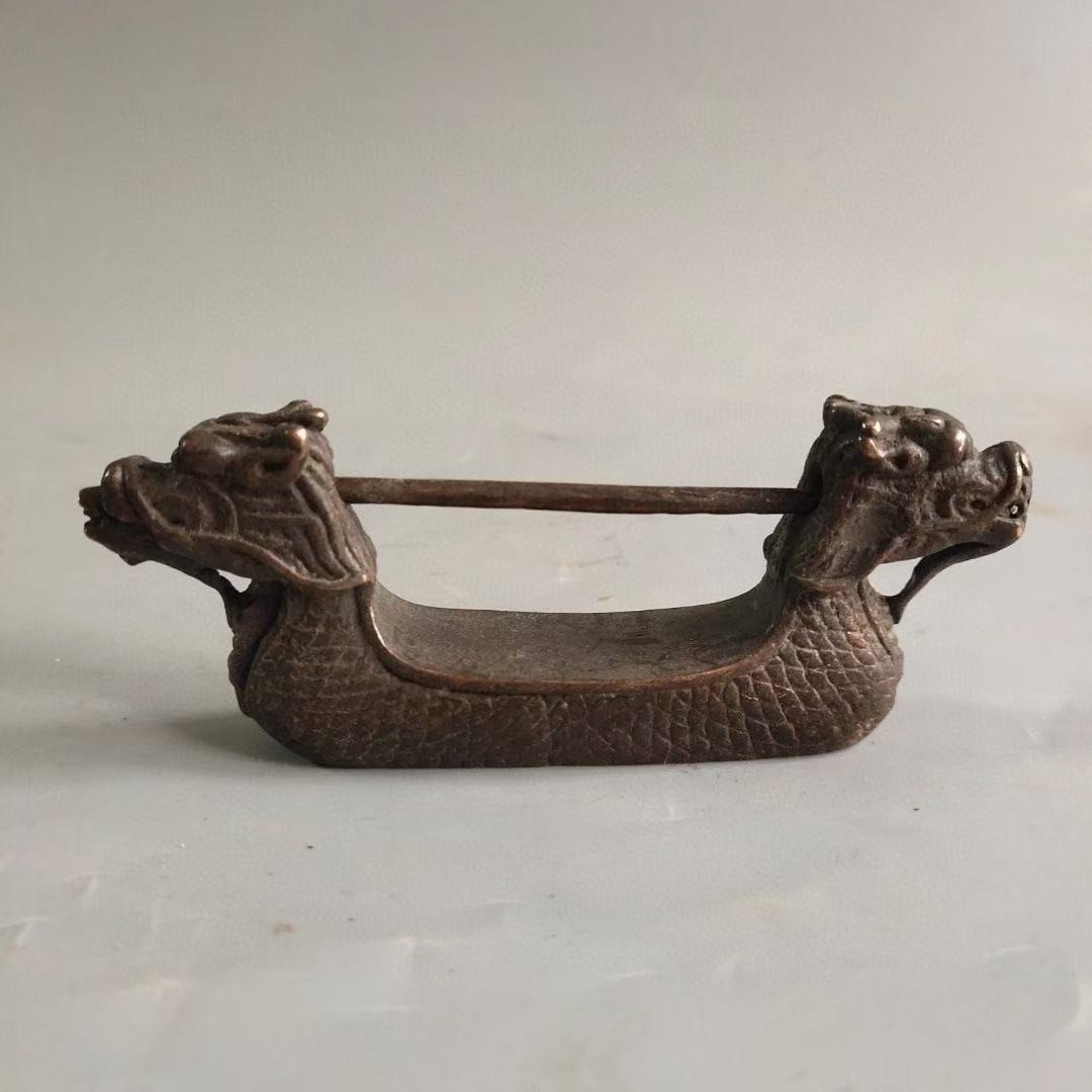 Rare Chinese Old Style Brass Carved Dragon Lock and Key NRR