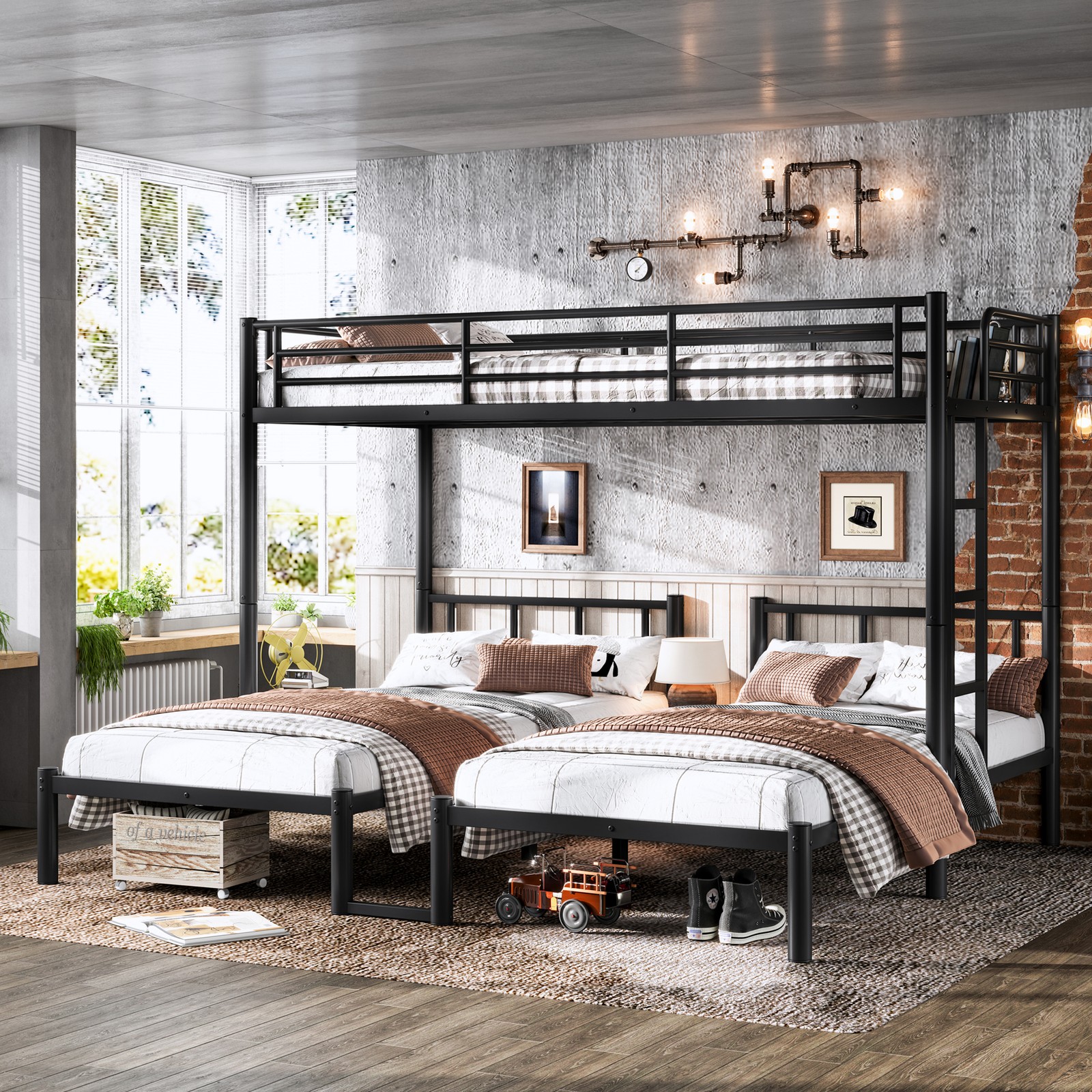 Twin over Twin & Twin Bunk Bed Metal Triple Bunk Bed For Bedroom Black Bed