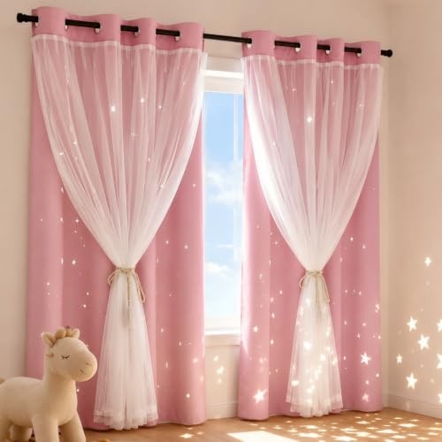 Princess Curtains for Girls Bedroom with Sheer 52"W x 72"L (Pack of 2) Pink