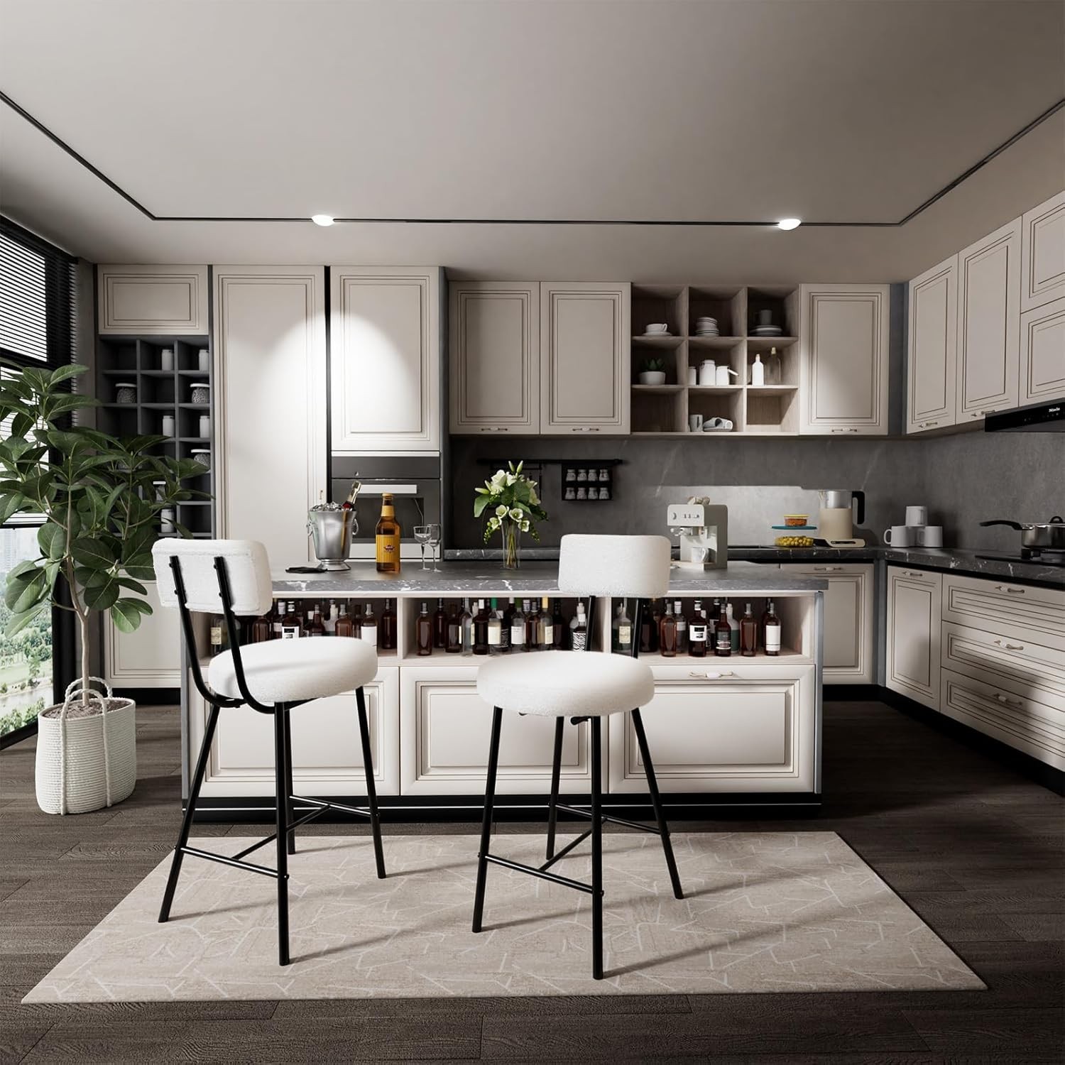 Modern Beige Bar Stool, Upholstered Counter Height W/ Back &Footrest for Kitchen
