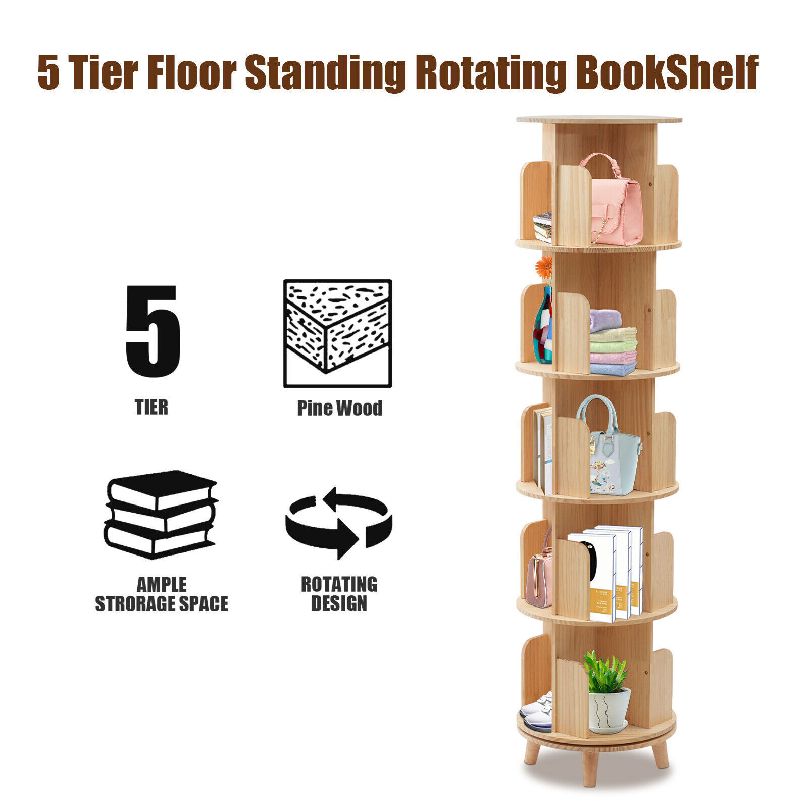 5-Layer Rotating Bookshelf Wood Bookcase Storage Shelf Freestanding Display Rack