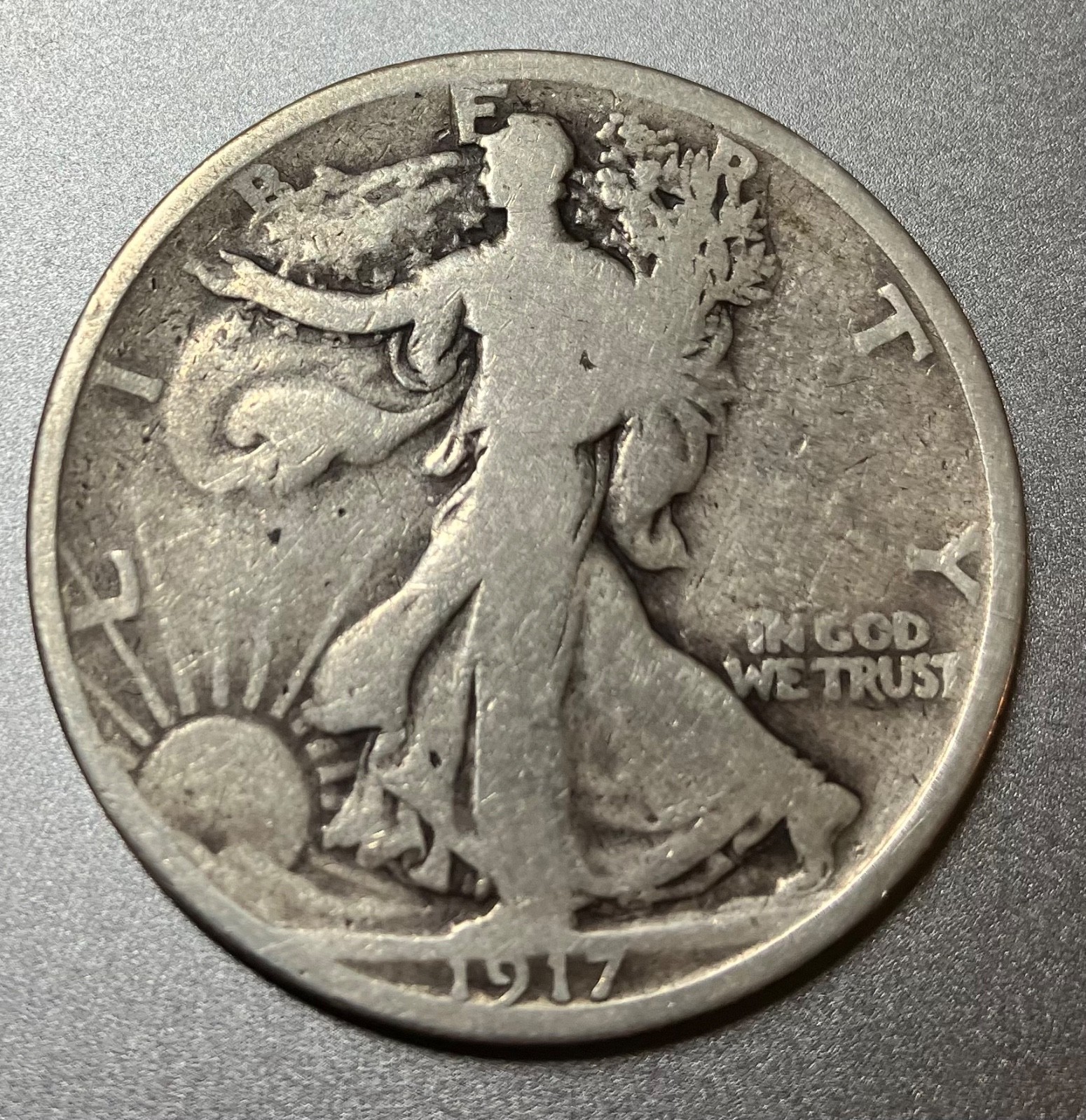 1917 50C WALKING LIBERTY HALF,  GOOD+ CONDITION, DEEP GRAY SURFACES, FEW MARKS