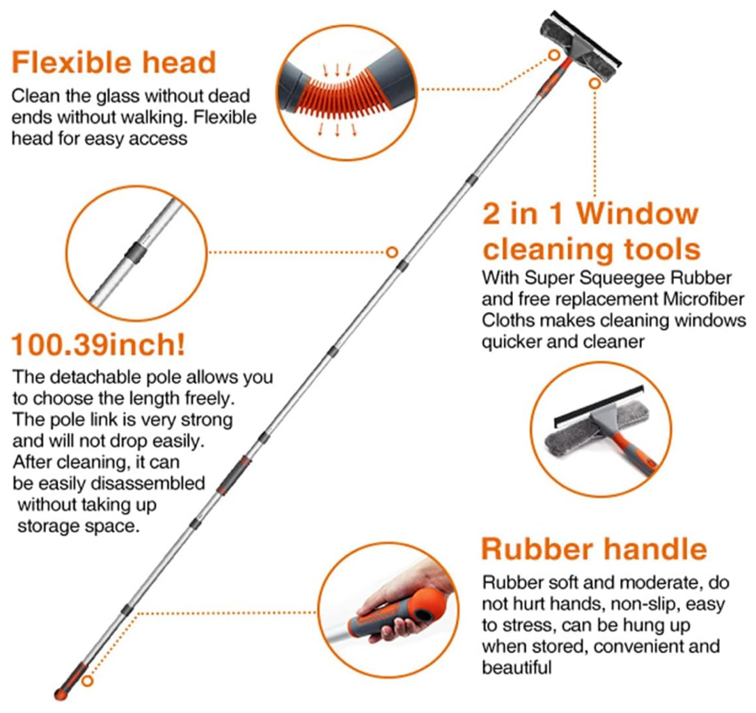 Squeegee Window Cleaner Baban 2 in 1 Window Cleaning Tool Extension Pole 100''