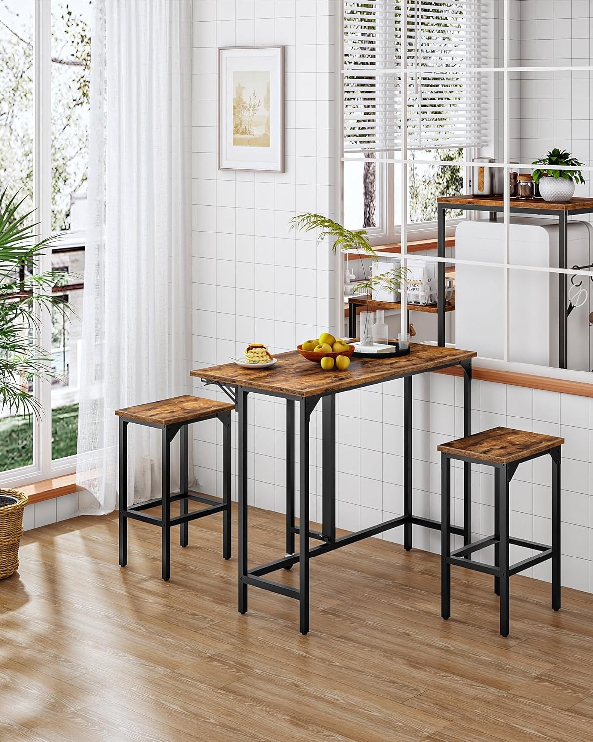 Bar Table & Stool Set 39.4'' Folding Dining Table W/ 2 Stools Industrial Style