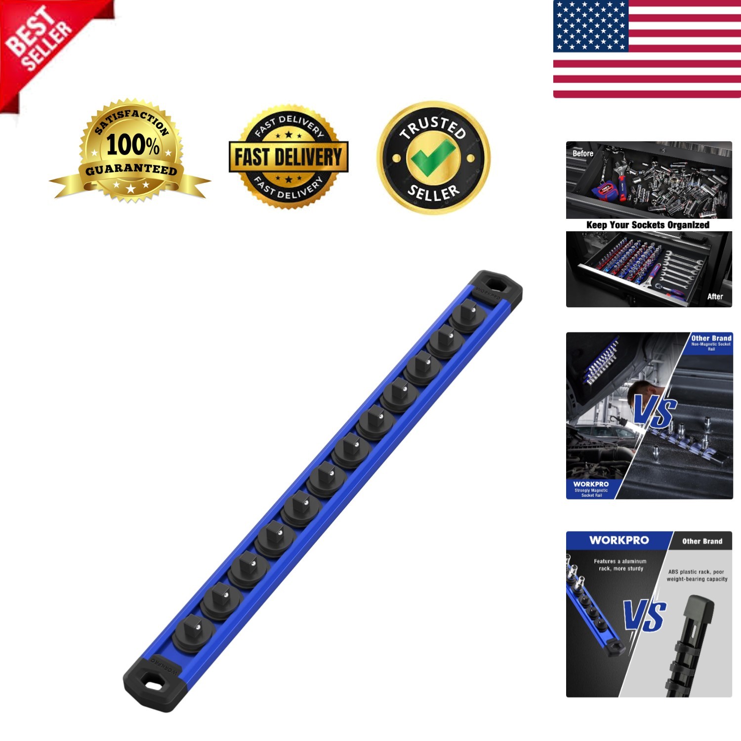 Magnetic Socket Organizer Rack - Heavy Duty, Blue, 12 Clips Included