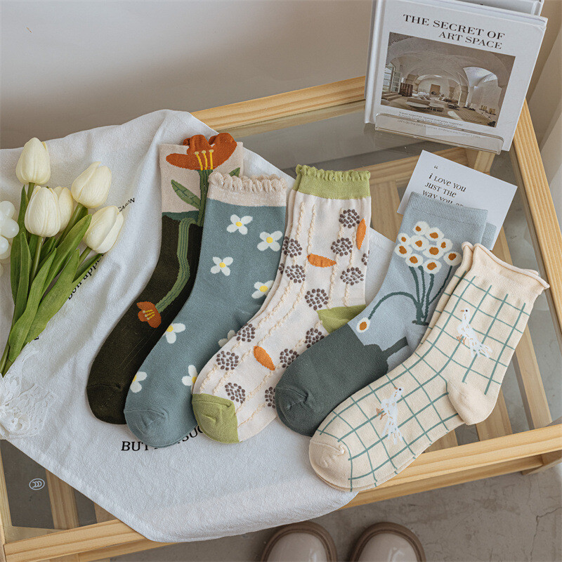 5 Pairs Womens Girls Cotton Socks Lot Funny Flower Jacquard Casual Crew Socks