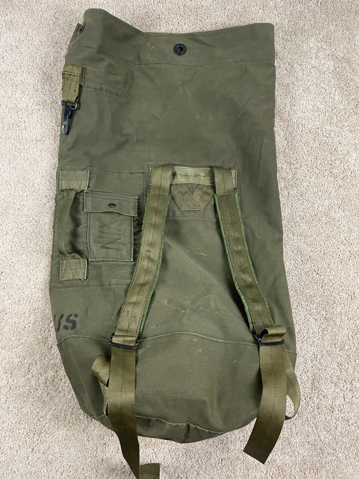 Vintage US Military Army Backpack Duffel Bag Adjustable Strap Pockets Green