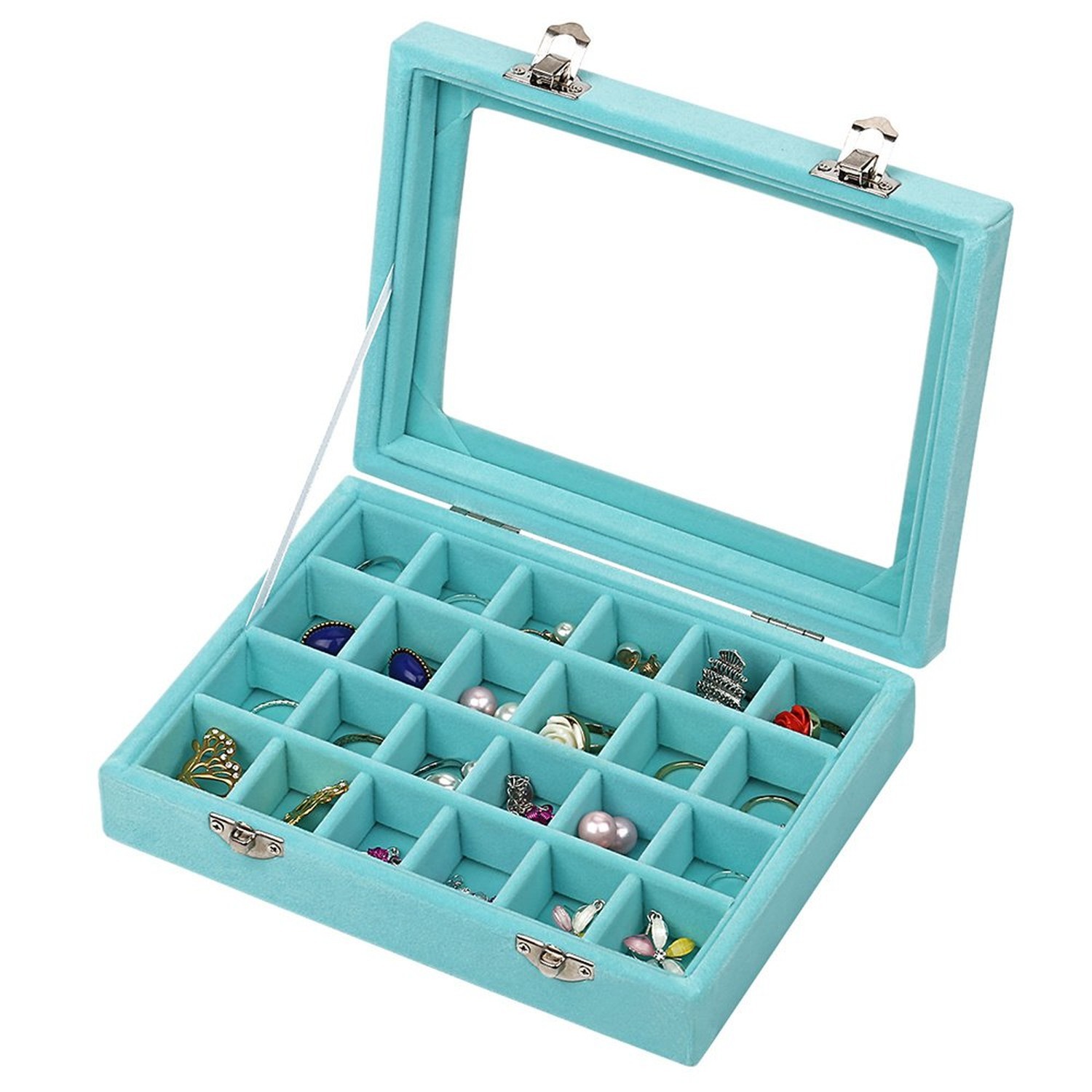 24 Grids Velvet Glass Ring Earrings Jewelry Box Earrings Organiser Storage Ho...