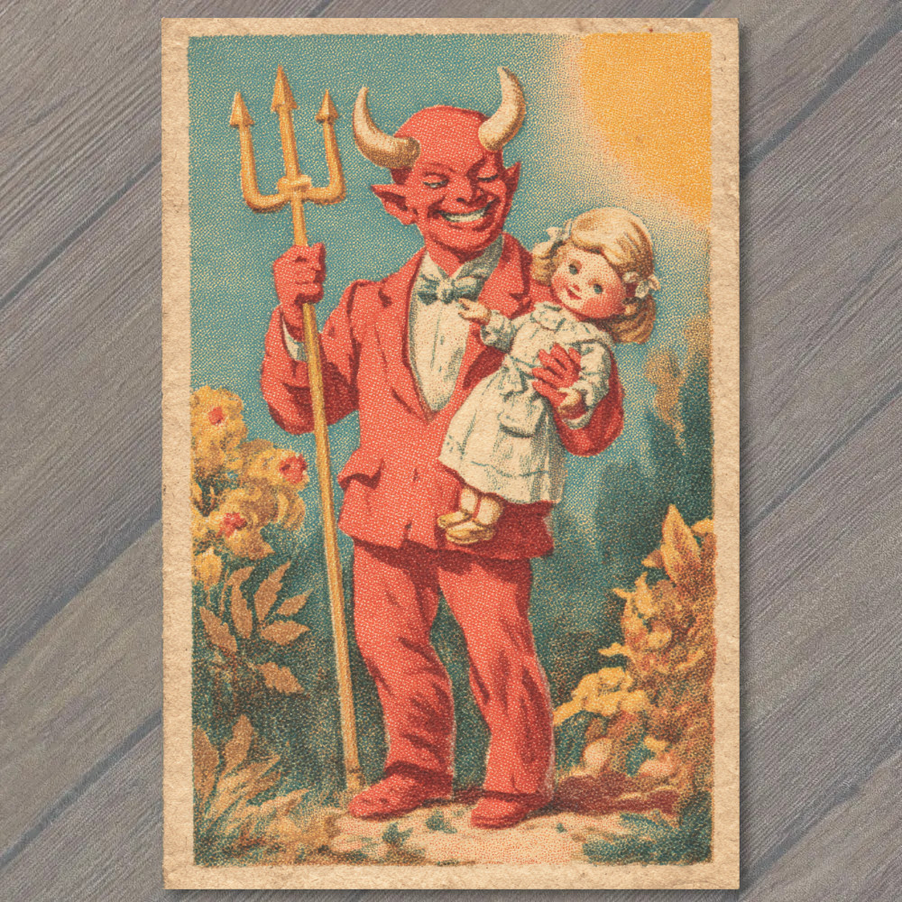 POSTCARD Devil Holding Doll Retro Style Whimsical Fantasy Trident Artwork