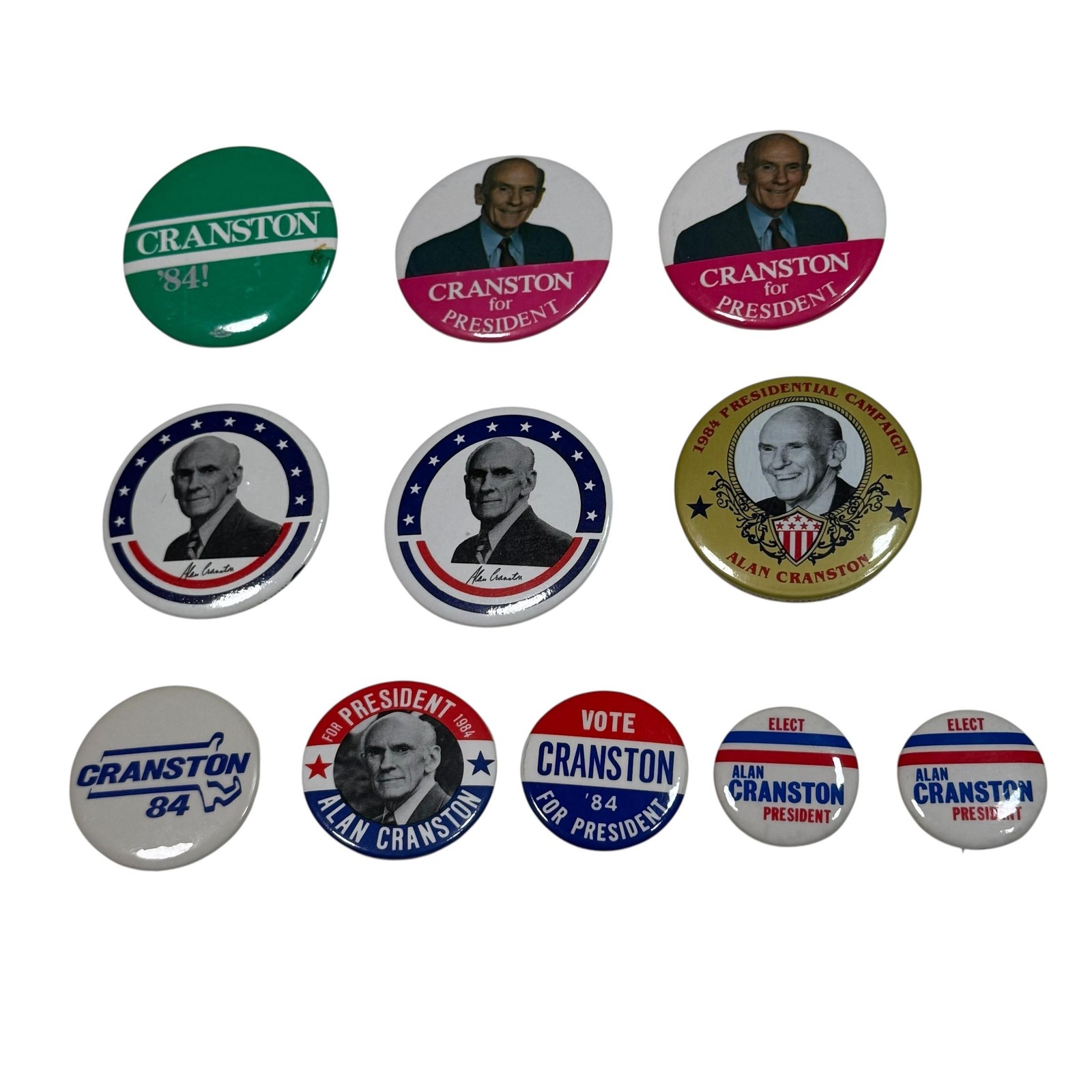 Vintage Alan Cranston For President 1984 Campaign Pinback Buttons Lot 11 Set