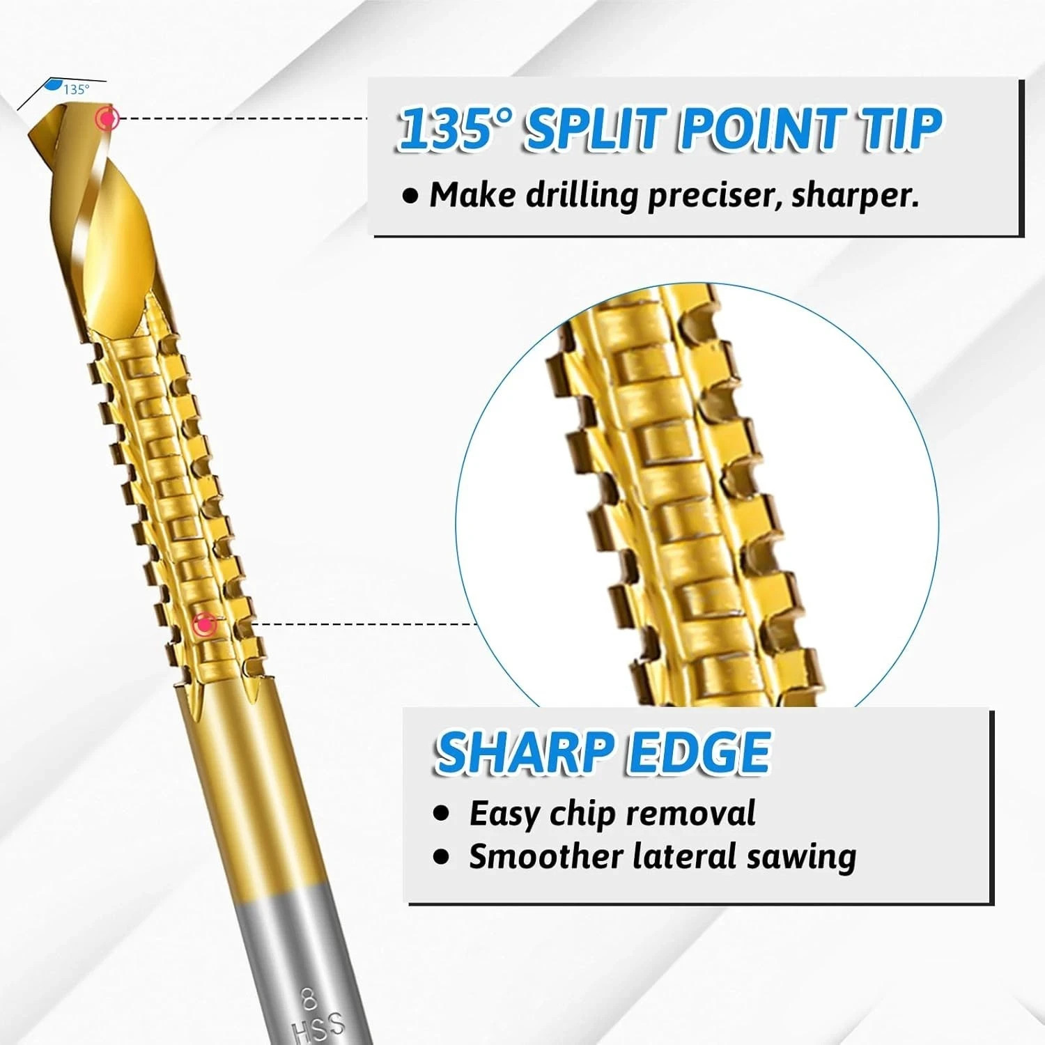 8 Pack Titanium Coated HSS Twist Drill Bits, 3-10mm Serrated Side Cutting Dri.