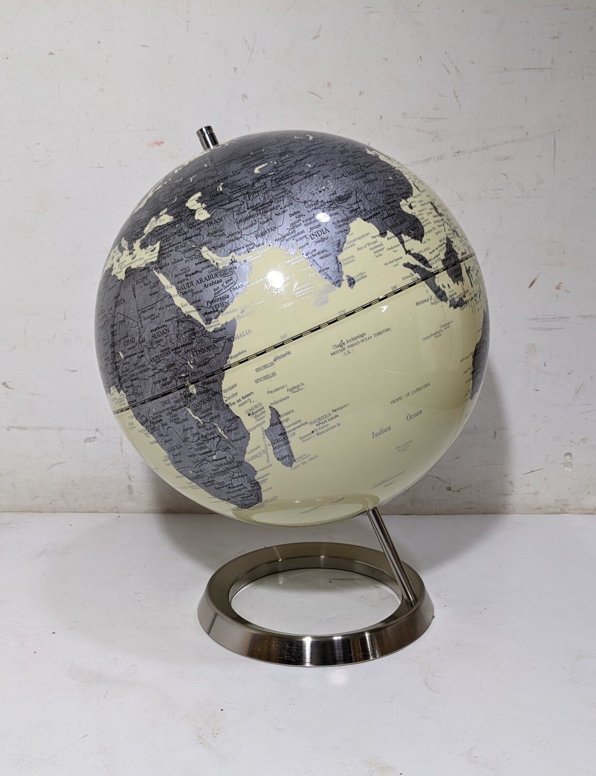 Modernist Desktop/Table 12" World Globe Stainless Steel Chrome Ring Base MCM