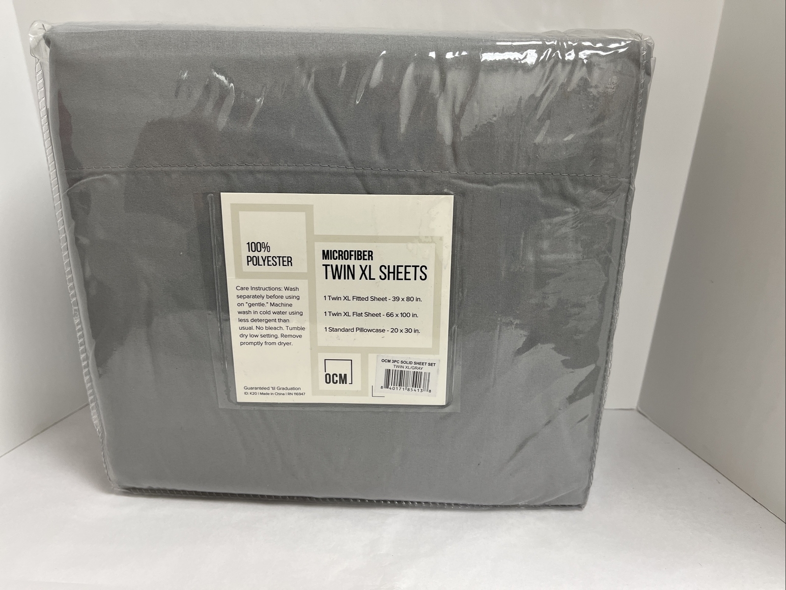 OCM College Dorm Microfiber 3 Piece Sheet Set Twin XL Solid Gray - New & Sealed