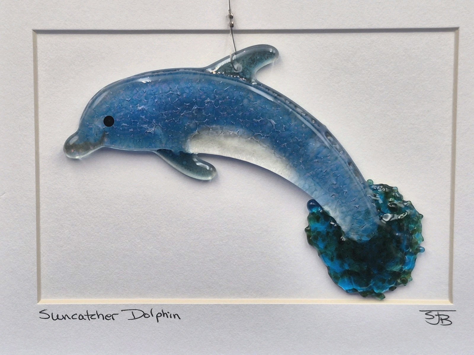 Handcrafted Blue Fused Glass Dolphin Suncatcher 5" American Made YK