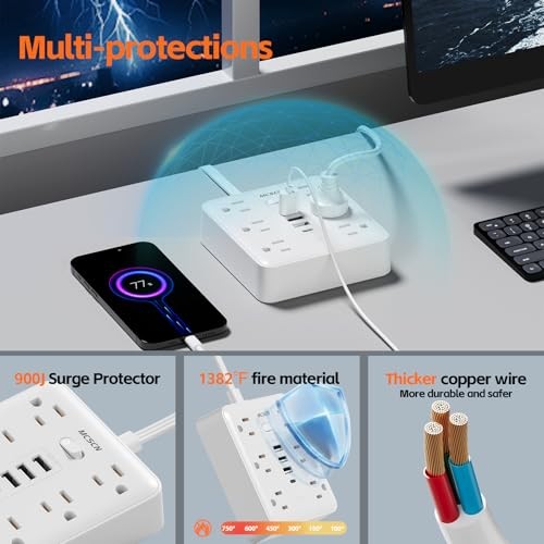 Surge Protector Power Strip, 6 Outlets, 4 USB, 15FT Flat Plug, 15 Foot Cable
