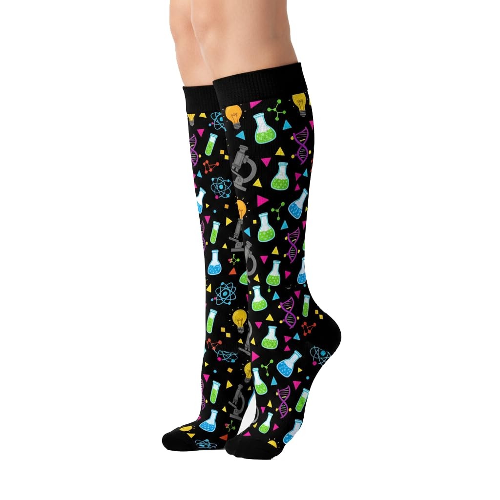 WOAIDY Knee High Compression Socks with One Size, Science Doodle Black