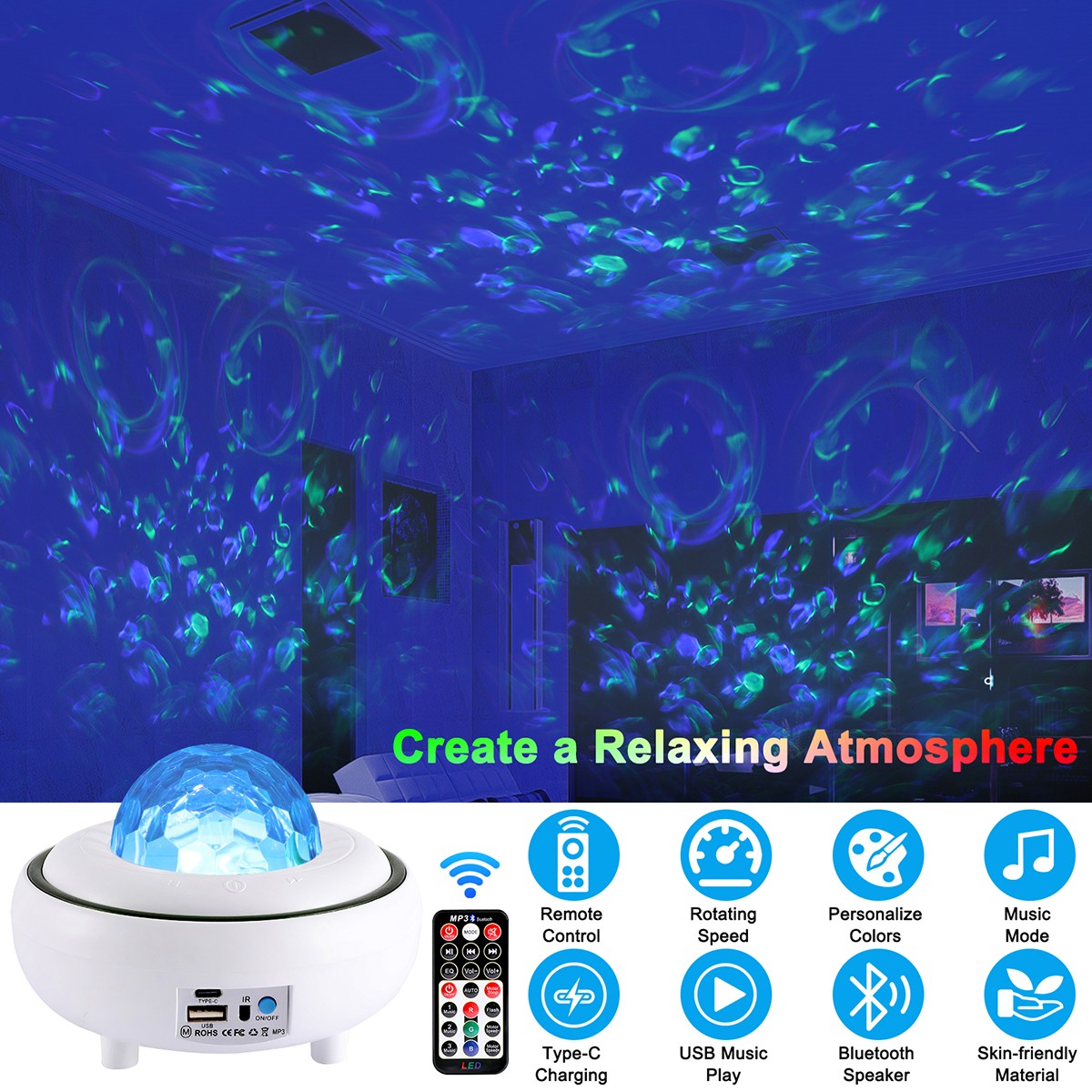 Galaxy Projector Starry Sky Night Light Ocean Star Party Speaker LED Lamp Remote