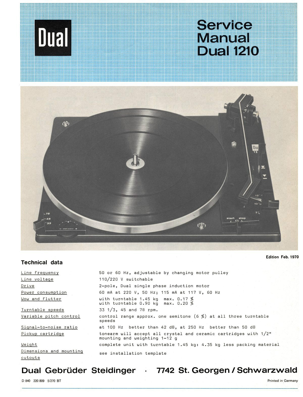 Dual Turntable Model 1210 Service Manual