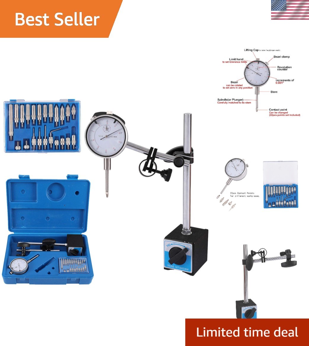 Dial Indicator with Magnetic Base Holder Fine Adjustable Long Arm 0-1" Magnet...