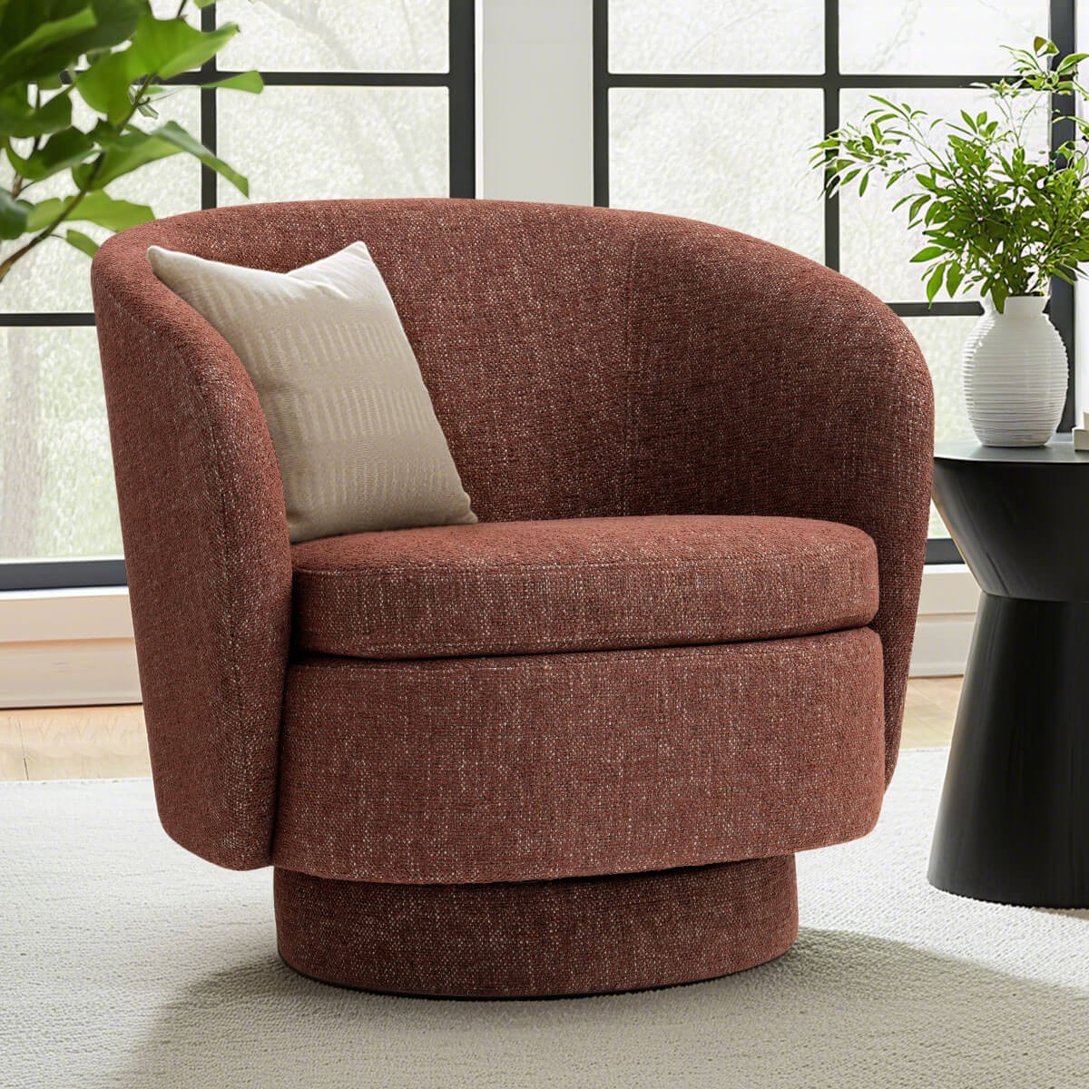 2x Barrel Accent Armchair Round Swivel Base Textured Fabric Single Sofa Chair