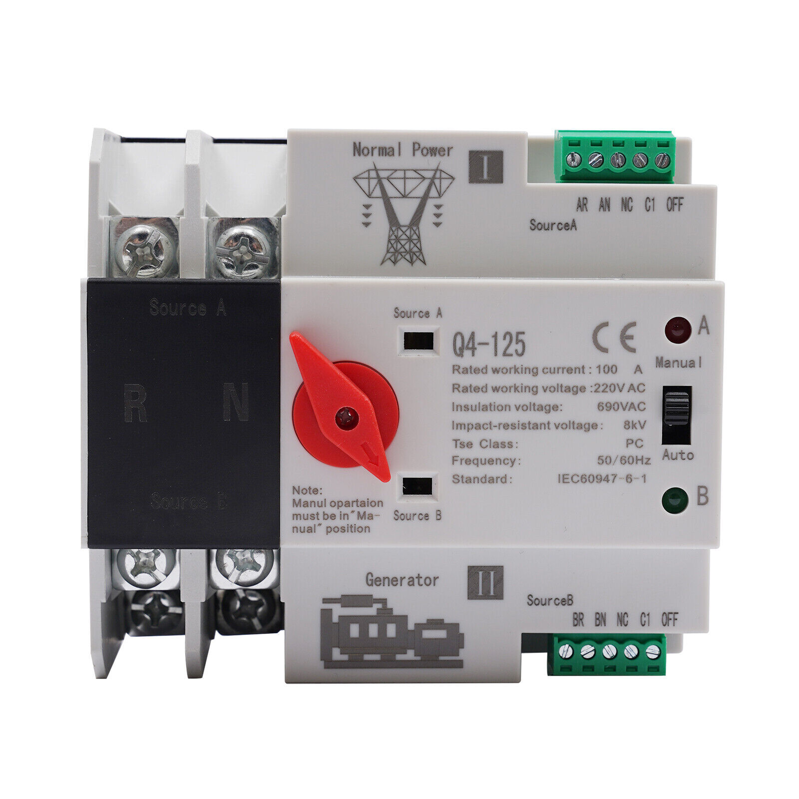 Dual Power 100A Automatic Transfer Switch 2P for Generator Use