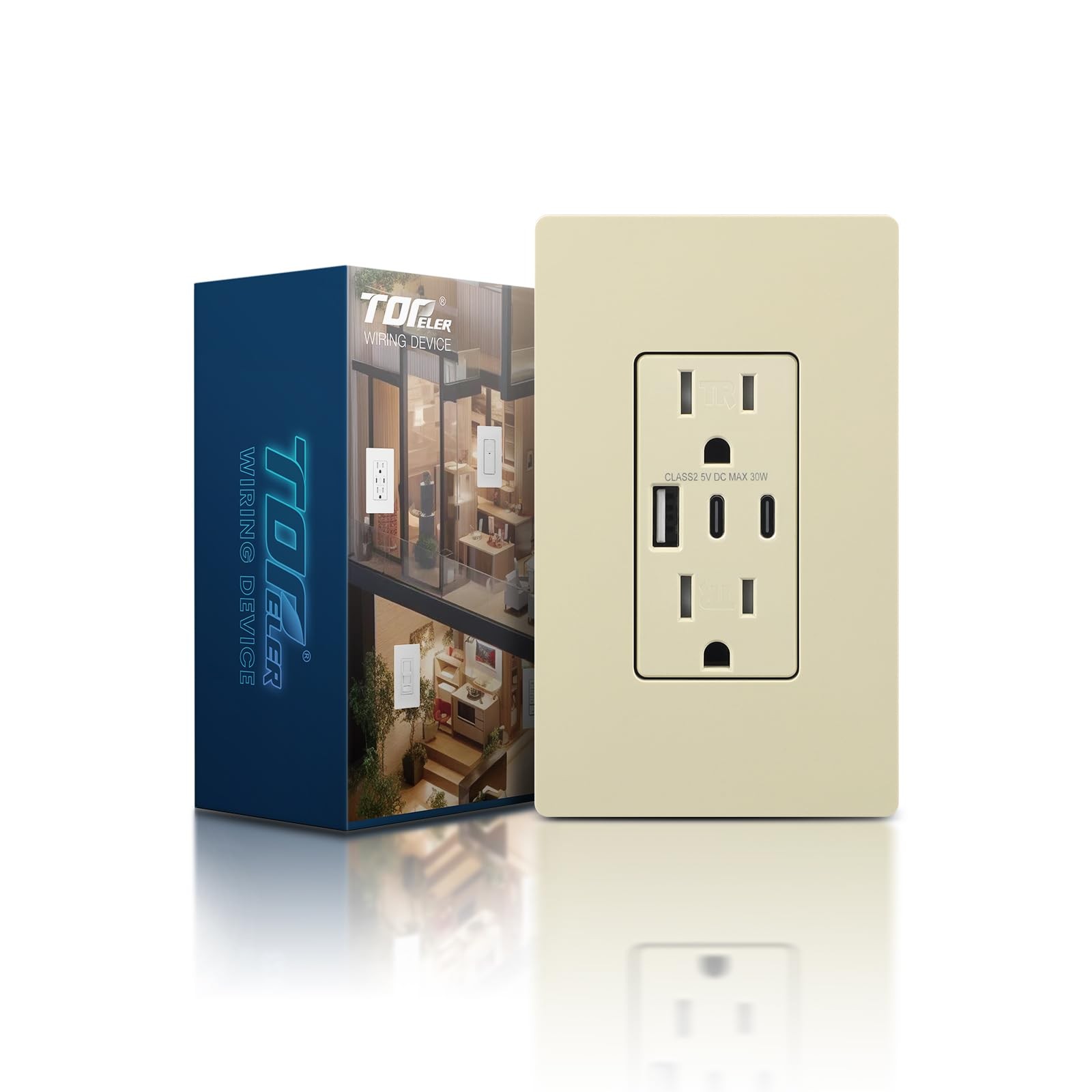 Ivory USB Wall Outlet, 30W 6.0A 3 Ports USB Outlet Receptacles with Type A & C P