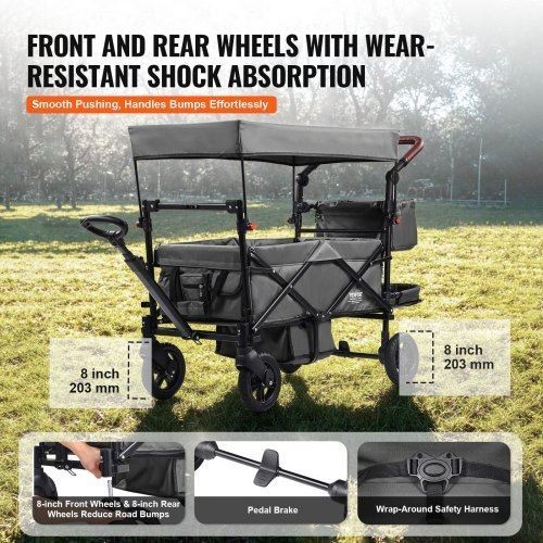 Wagon Stroller for 2 Kids Push Pull Quad Collapsible Stroller with Adjustable