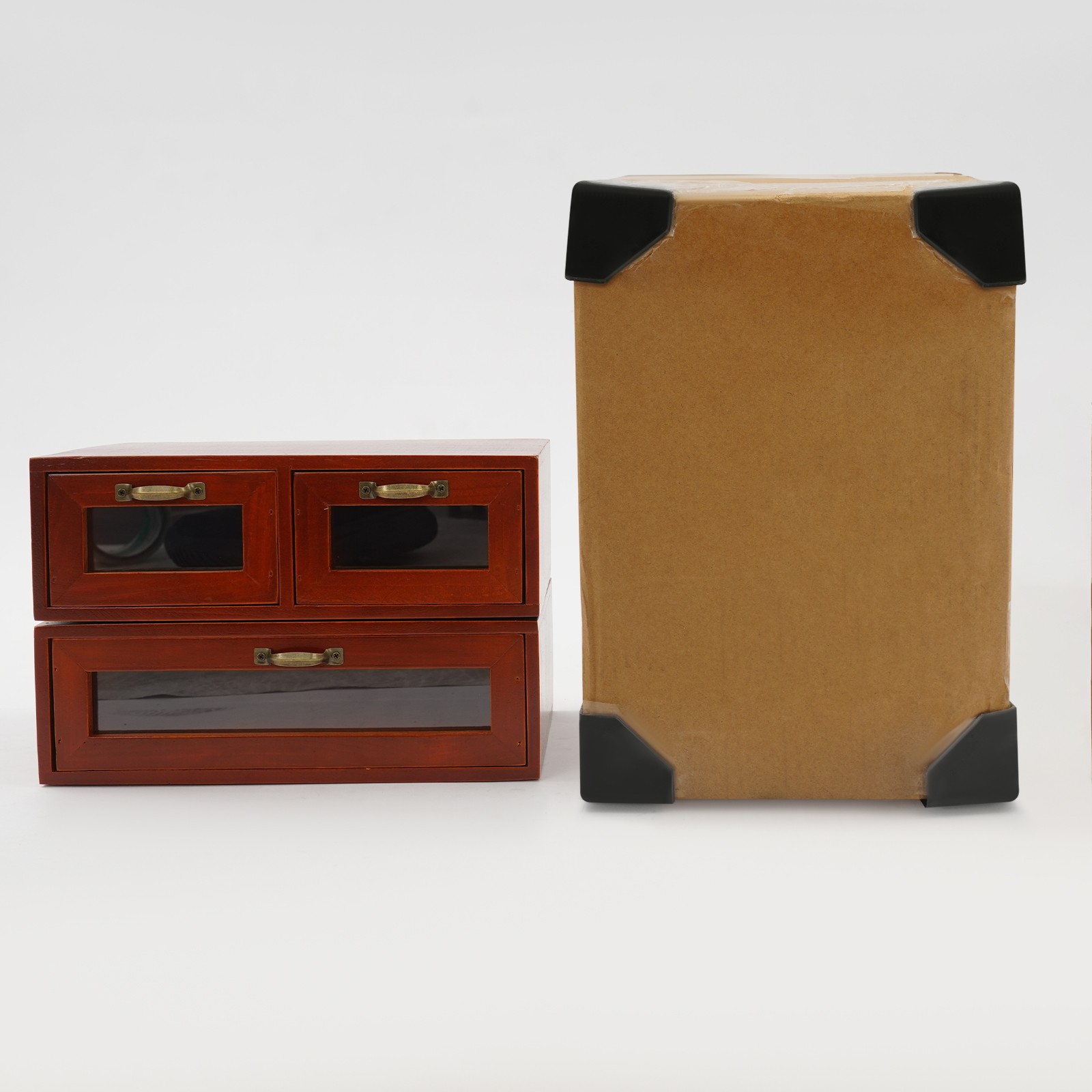 Desktop Storage Cabinet with 3 Drawers Wooden Box Organizer Stackable Brown