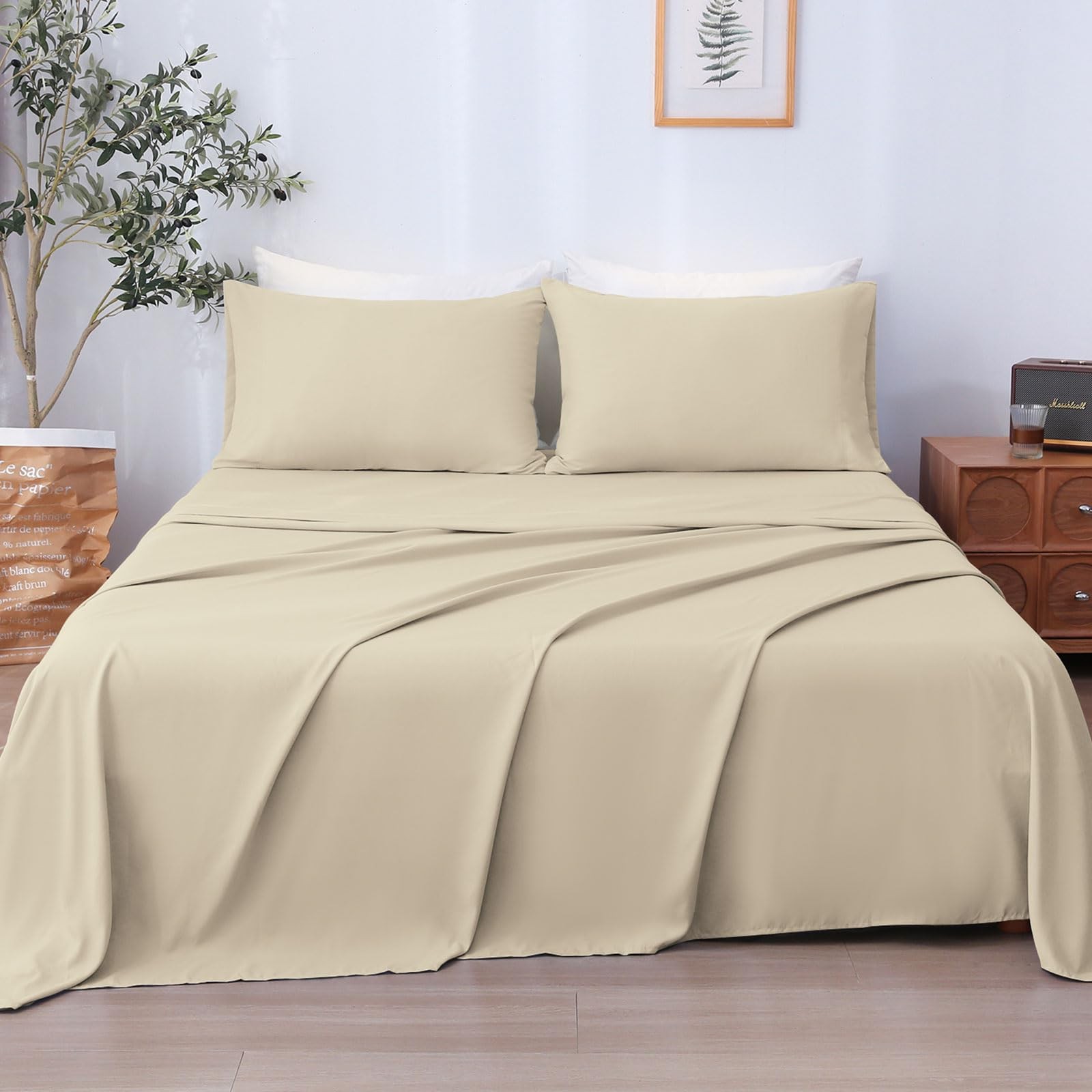 4 PCS Full Sheet Set Beige Ultra Soft Breathable 1416 Inch Deep Pocket