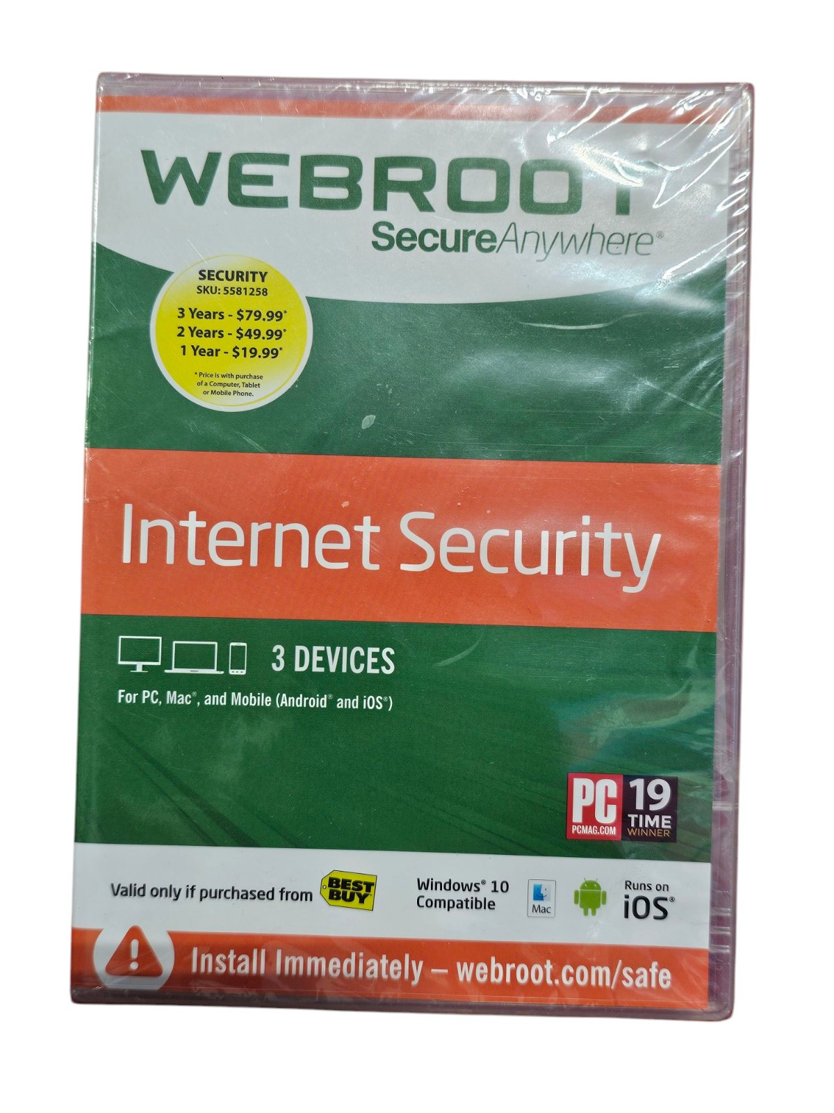 New Webroot Secure Anywhere Internet Security w/ Antivirus Windows 10, 3 Devices