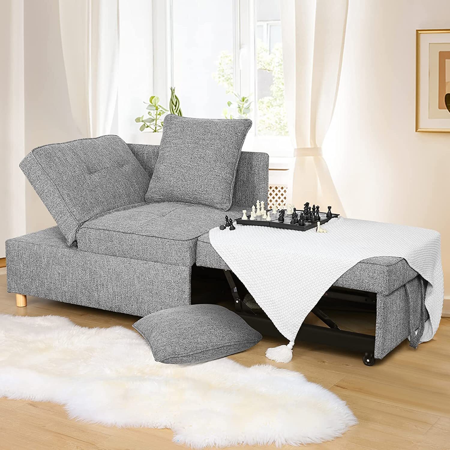 Sofa Bed Chair 4in1 Convertible Chair Bed 3-Seat Linen Sofa Adjustable Backrest