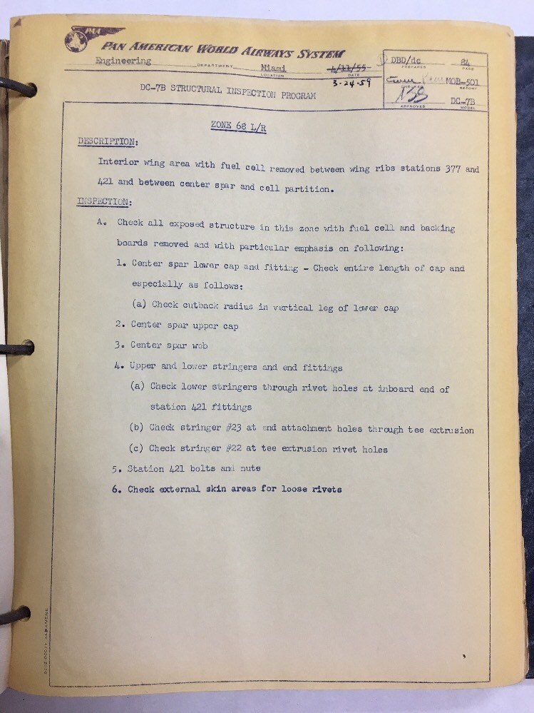 Douglas DC7B Original Structural Inspection Program Pan American World Airways
