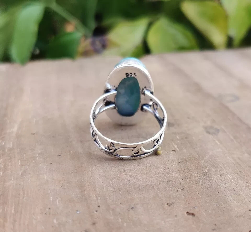 Larimar Gemstone Ring Solid 925 Sterling Silver Gift For Her Valentines Gift MK*