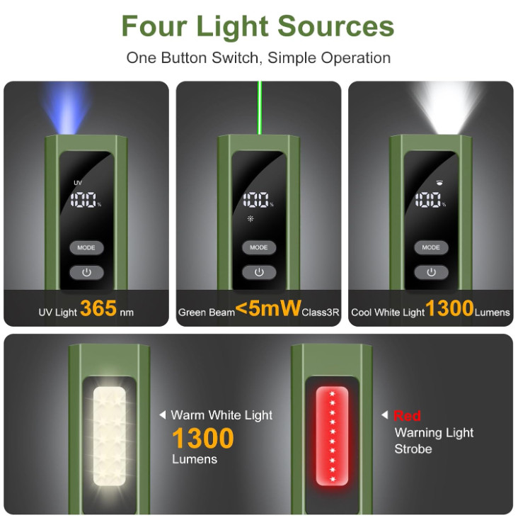 EDC Flat Flashlight 4-in-1 Rechargeable Pocket Work Light w/ Green Beam & UV