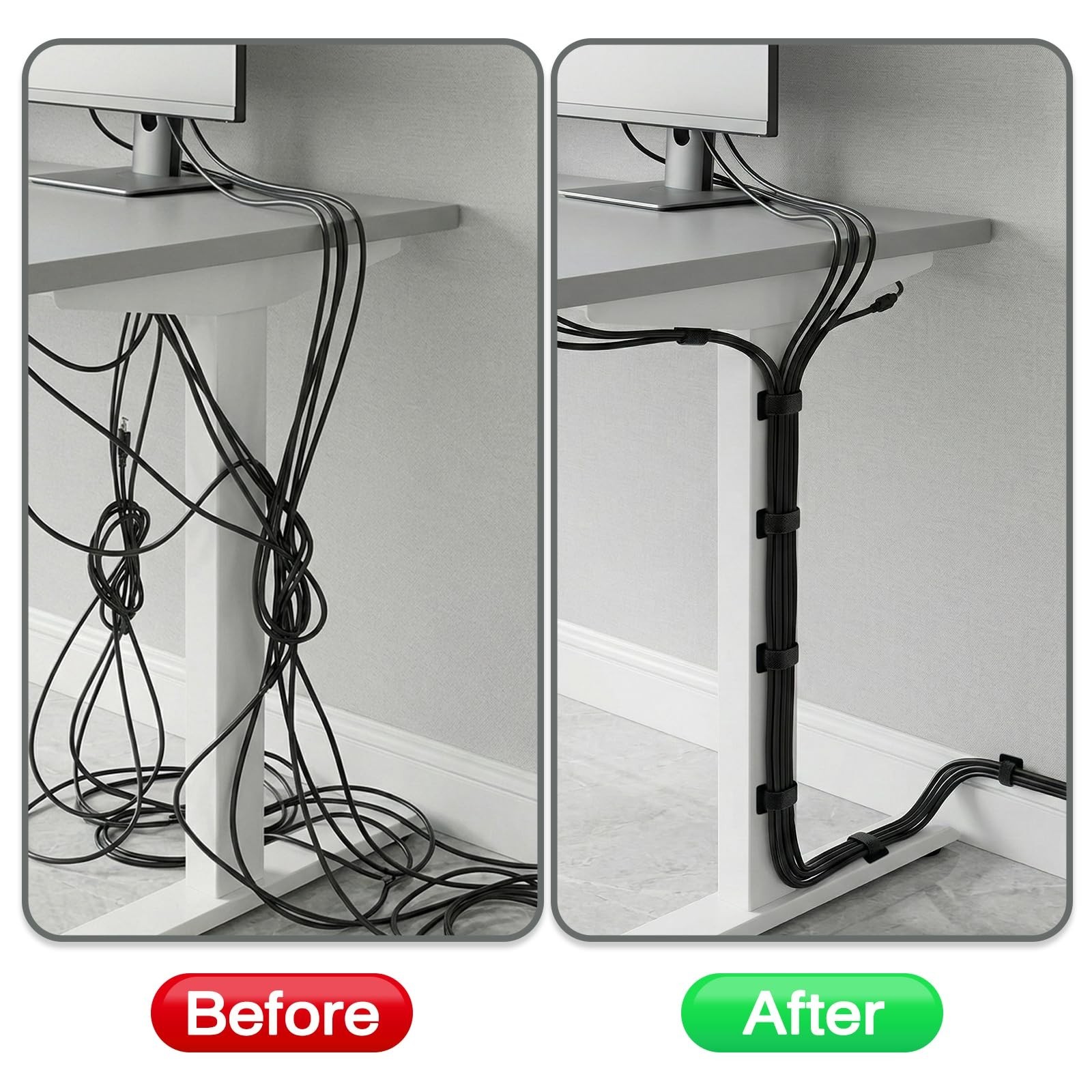 Under Desk Cable Management, Self-Adhesive Hook and Loop Straps, Adjustable R...