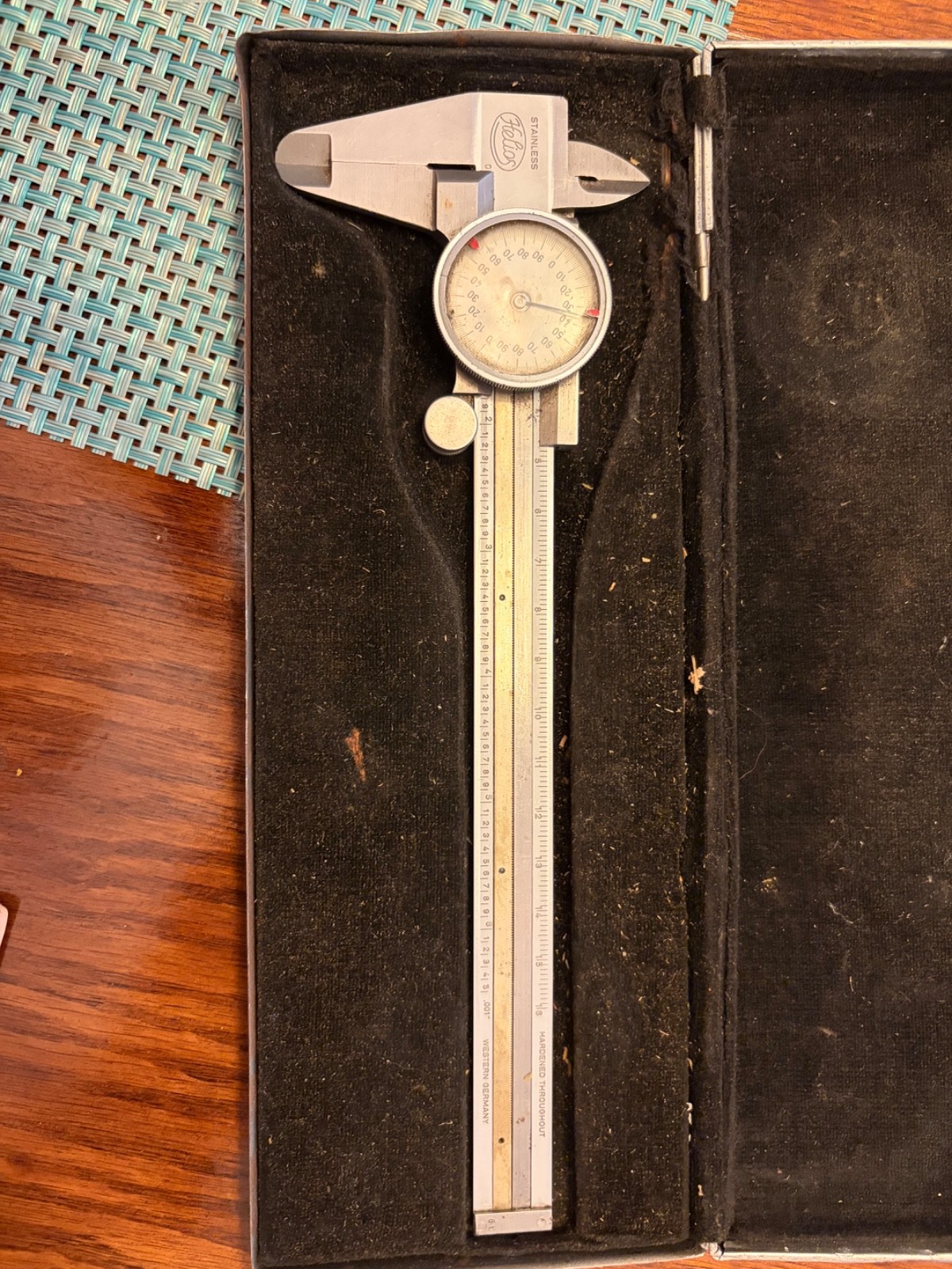 Vintage Helios Stainless Dial Caliper 6" West Germany- Wood Box -Metric Standard