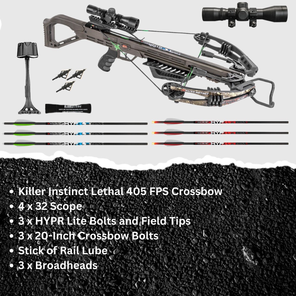 Killer Instinct Lethal 405 FPS Crossbow with Lighted Crossbow and Broadheads