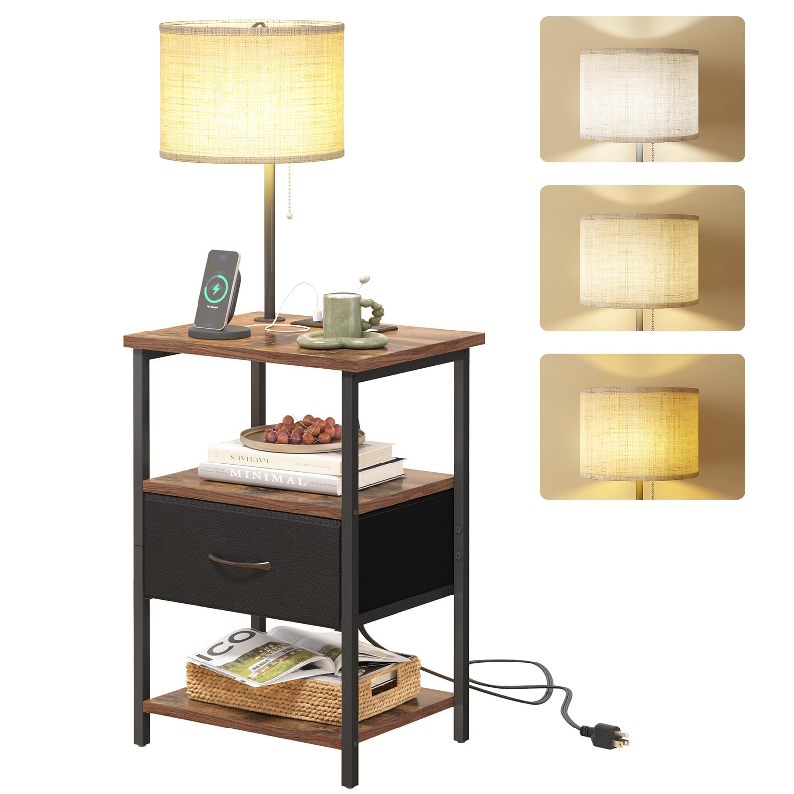 Nightstand with Lights Bedside Table with 3 Color Temperatures Bulb, Night St...
