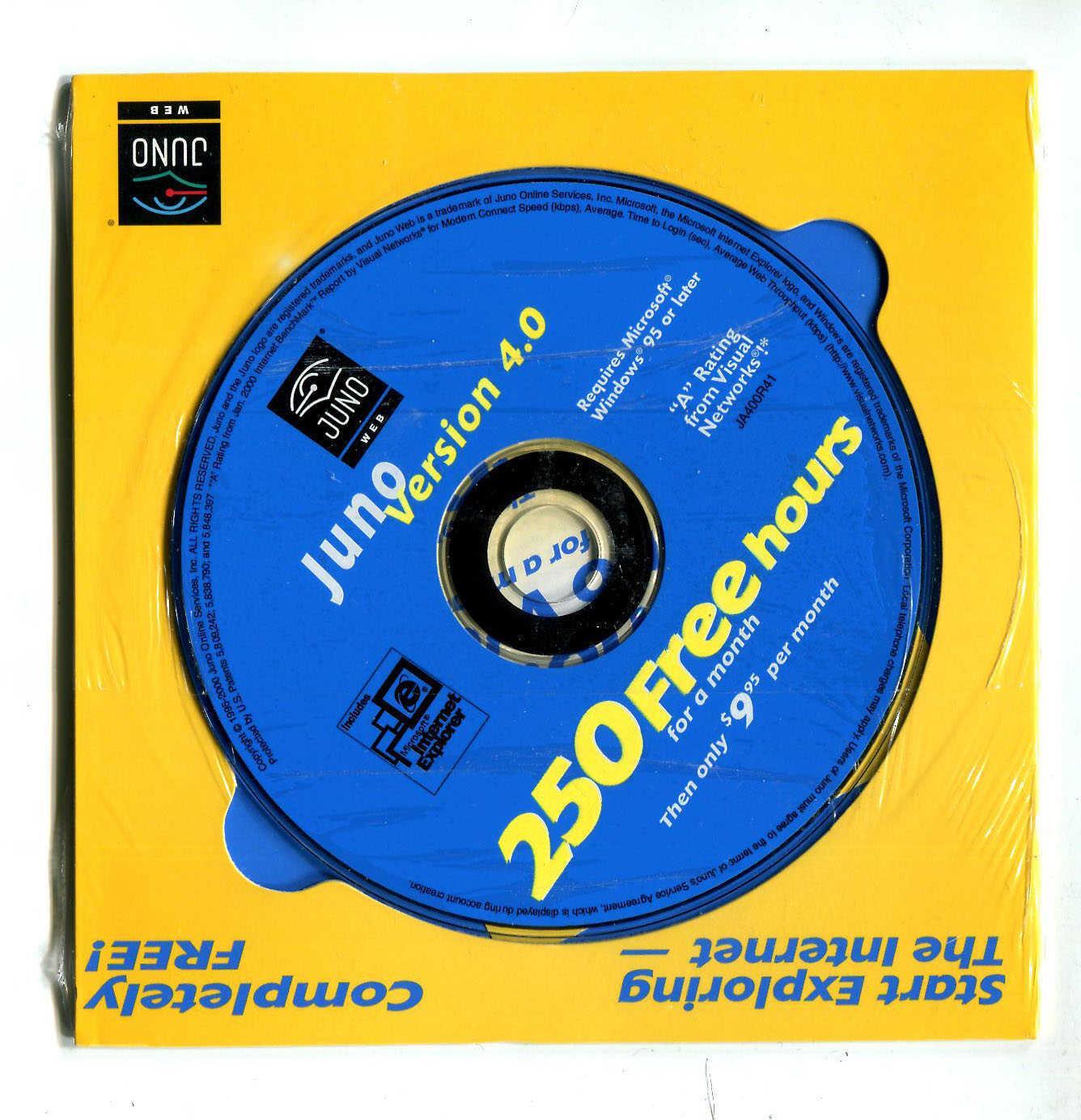 2000 Juno Version 4.0 CD - 250 Free Hours Internet Access - NEW Factory Sealed