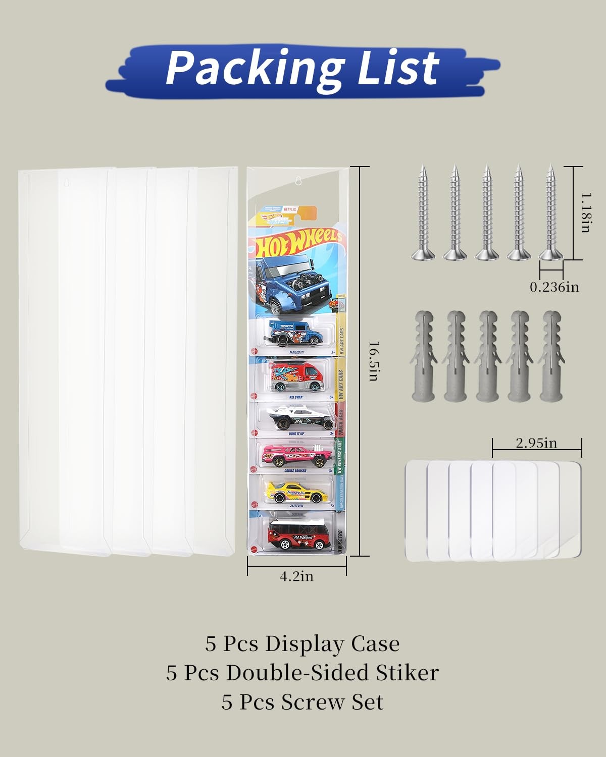 5 Pack Display Case Compatible with Hot-Wheels Match-Box Packaged Cars, Wall