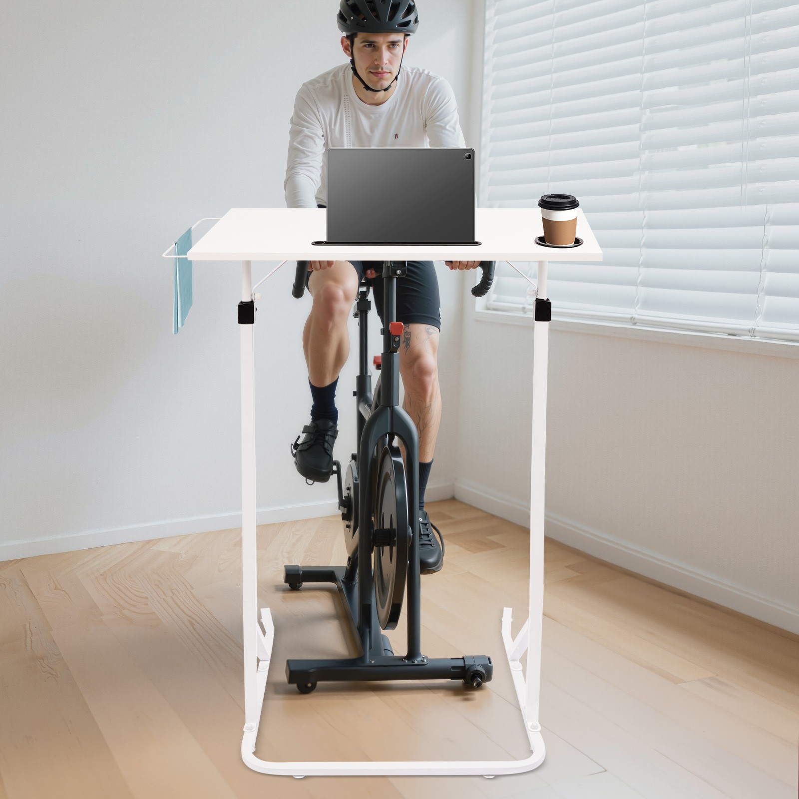Bike Trainer Desk Workstation Adjustable Height Freestanding Desk For Work White