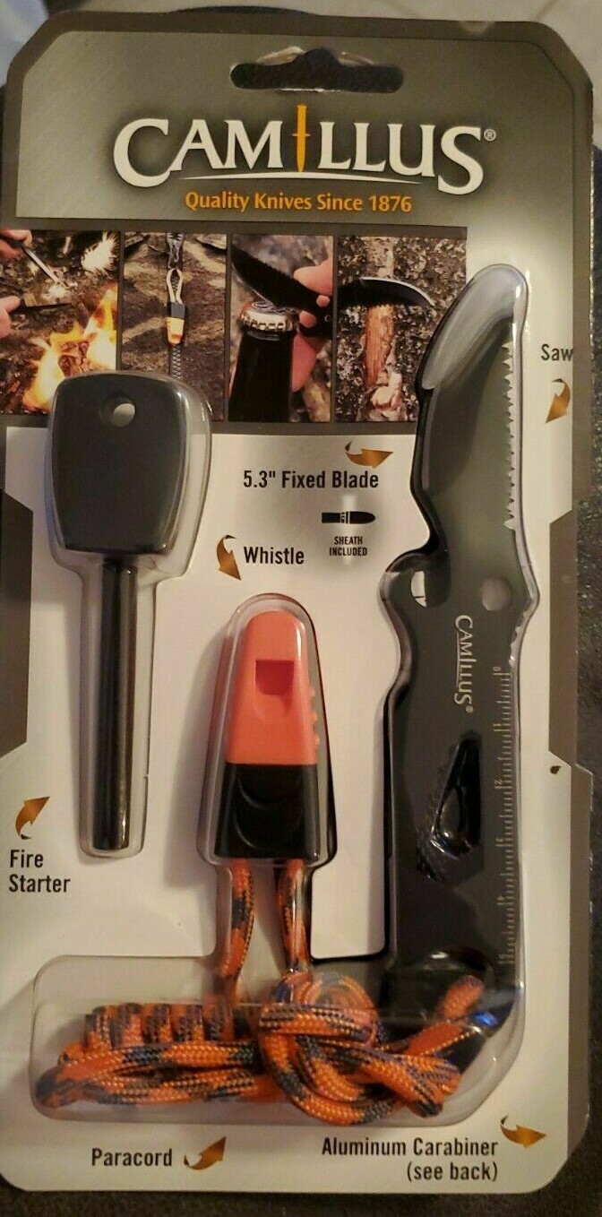 Camillus Fixed Blade Survival Hunter Knife+Sheath Fire Starter Cord Saw Whistle